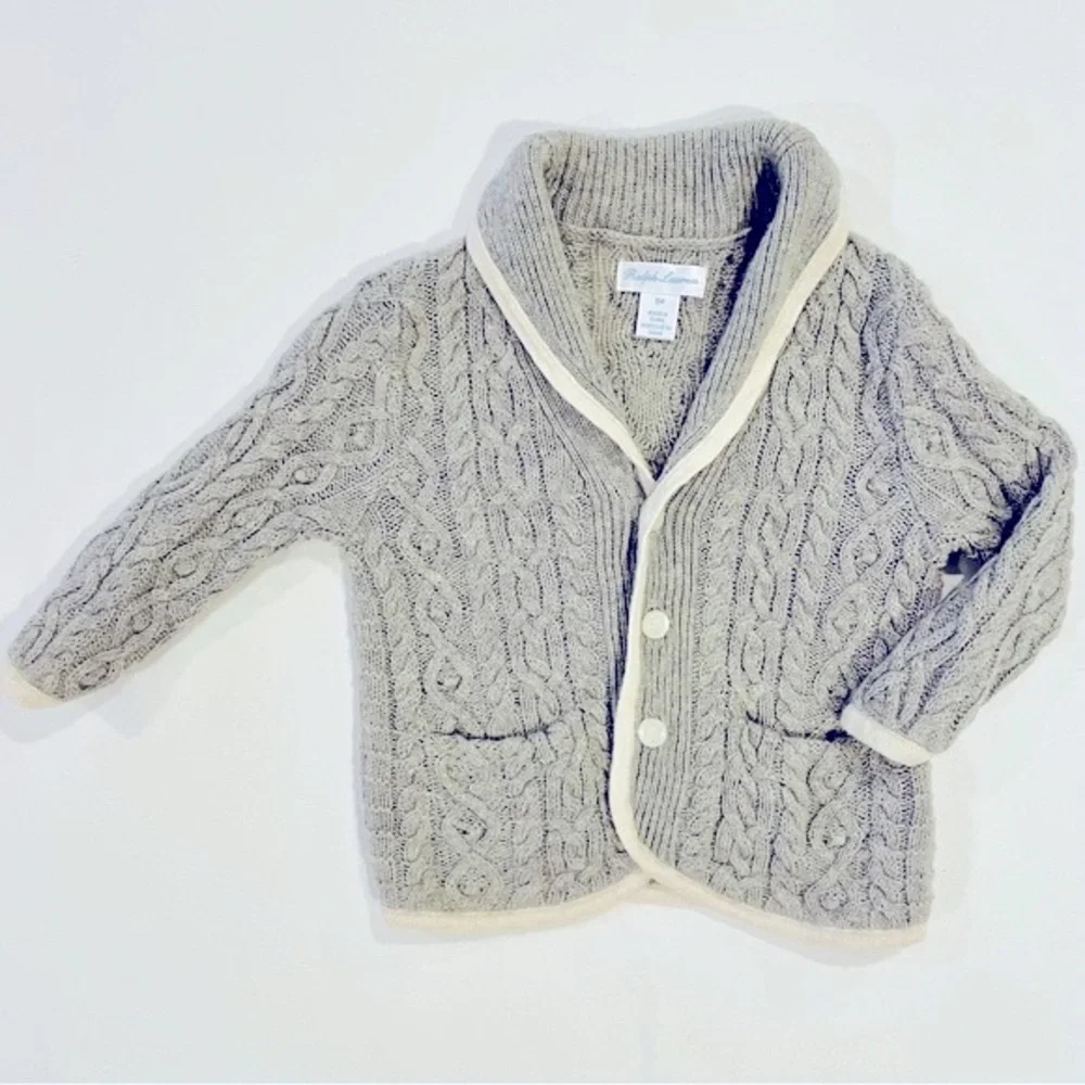 Ralph Lauren Cardigan Sweater Boys 9M Girls Cable Knit Shawl Collar Merino Wool